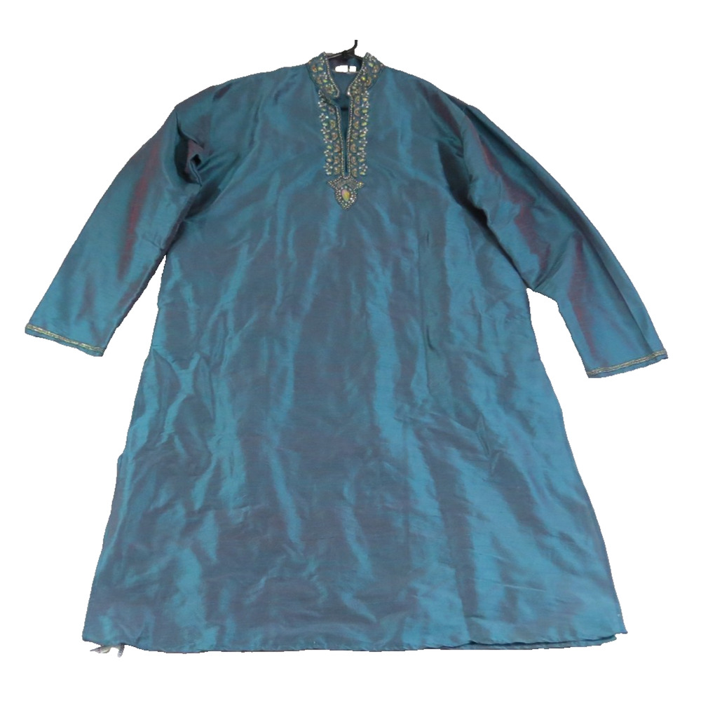 VTG Silk Beaded Kurta Tunic Womens L XL Teal India Embellished‎ Formal Dress Top